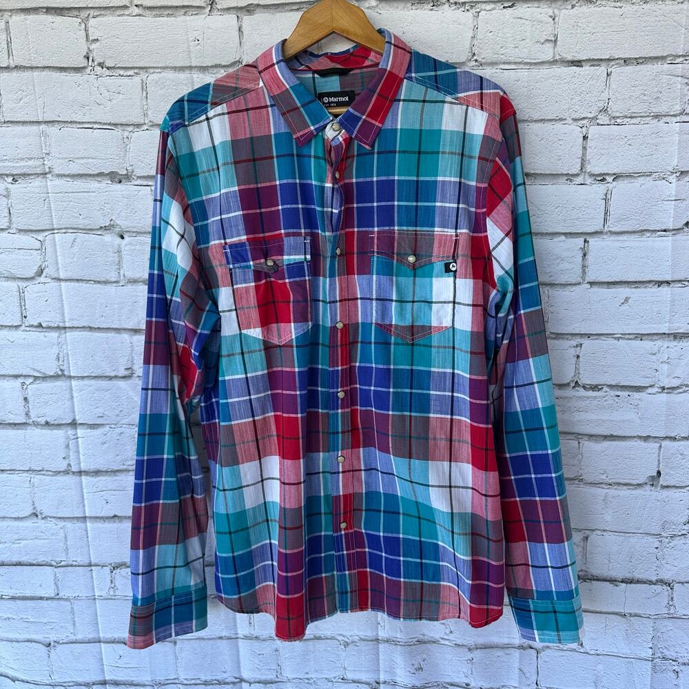 Preowned EUC  Marmot Men's Snap Front Light weight Plaid Collared Shirt Size  XL